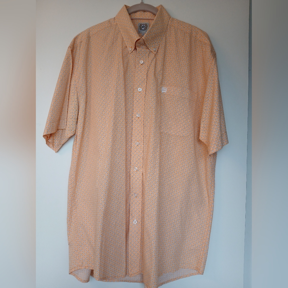 Cinch Men's Button Up Short Sleeve Shirt Size Large Orange Geometric Western